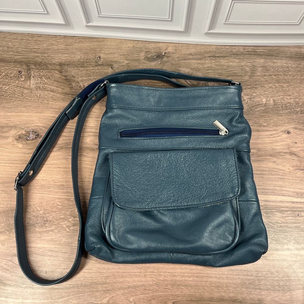 Genuine Leather Pebbled Crossbody Shoulder Bag Teal Blue‎ Mexico Zip Pocket